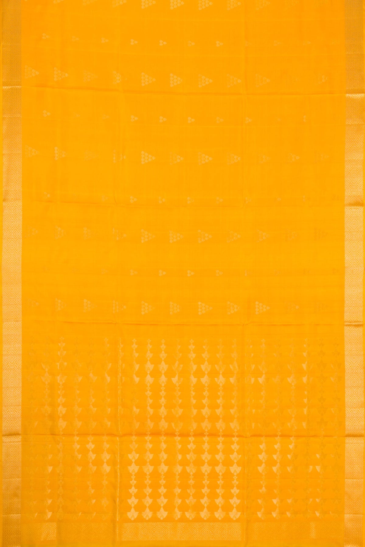 Flat view of Yellow Dual Tone Soft Silk Saree with Zari Butta on the body and Zari Border. 