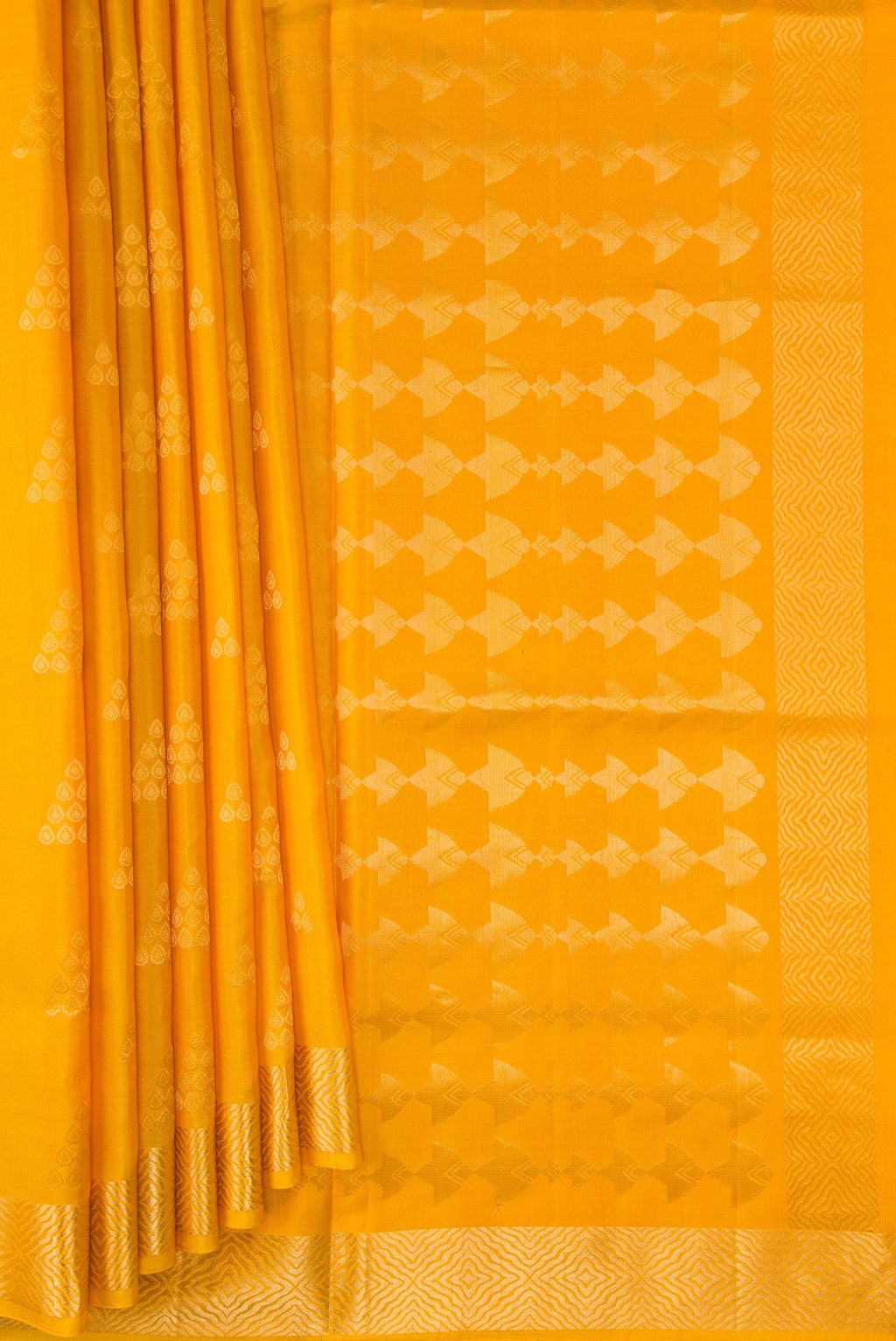 Pleats and pallu of Yellow Dual Tone Soft Silk Saree with Zari Butta on the body and Zari Border. 