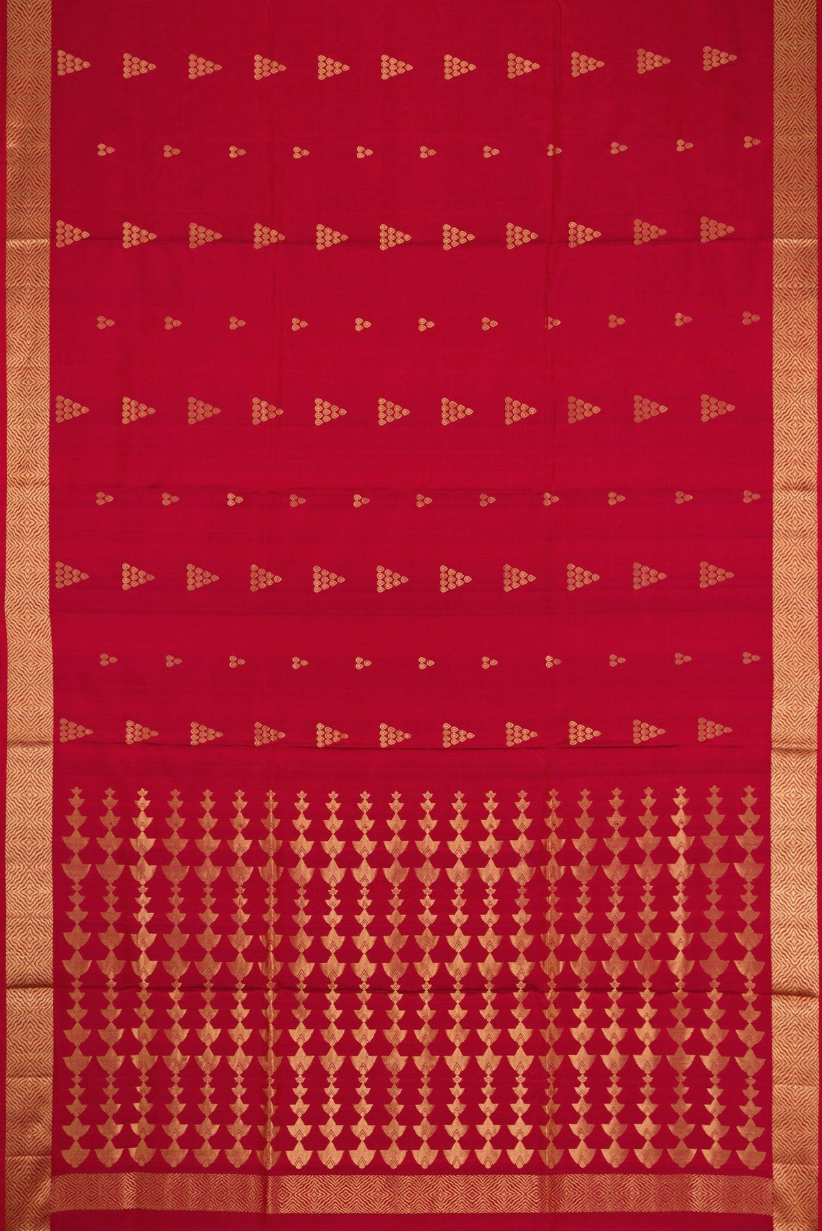 Flat view of Maroon Dual Tone Soft Silk Saree with Zari Butta on the body and Zari Border. 