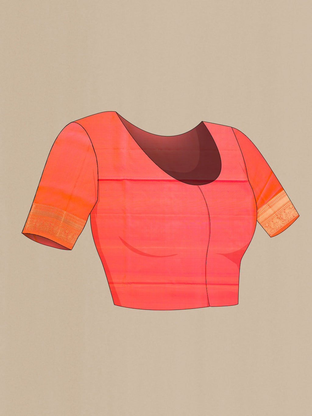 Close up image of the blouse of Orange Dual Tone Soft Silk Saree with Zari Butta on the body and Zari Border. 