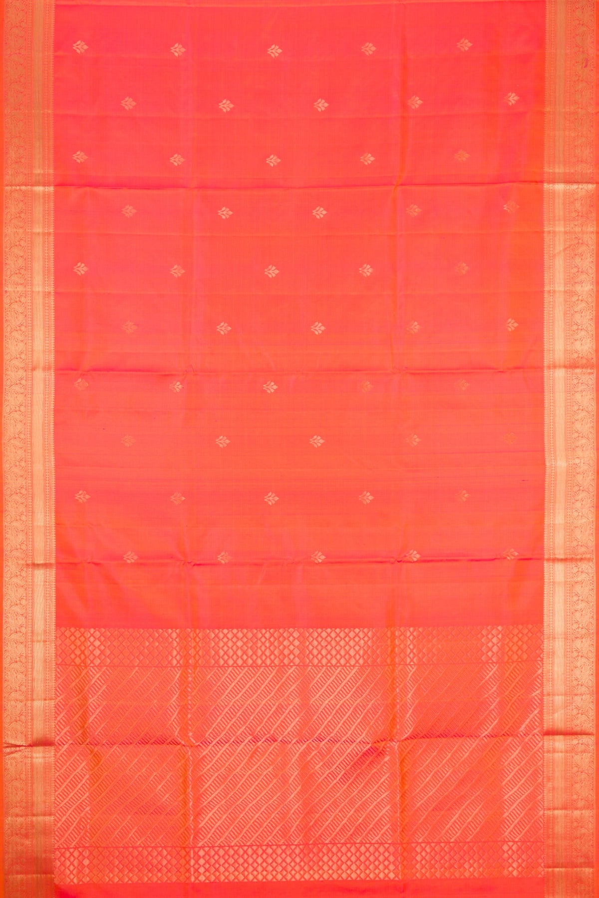 Flat view of Orange Dual Tone Soft Silk Saree with Zari Butta on the body and Zari Border. 