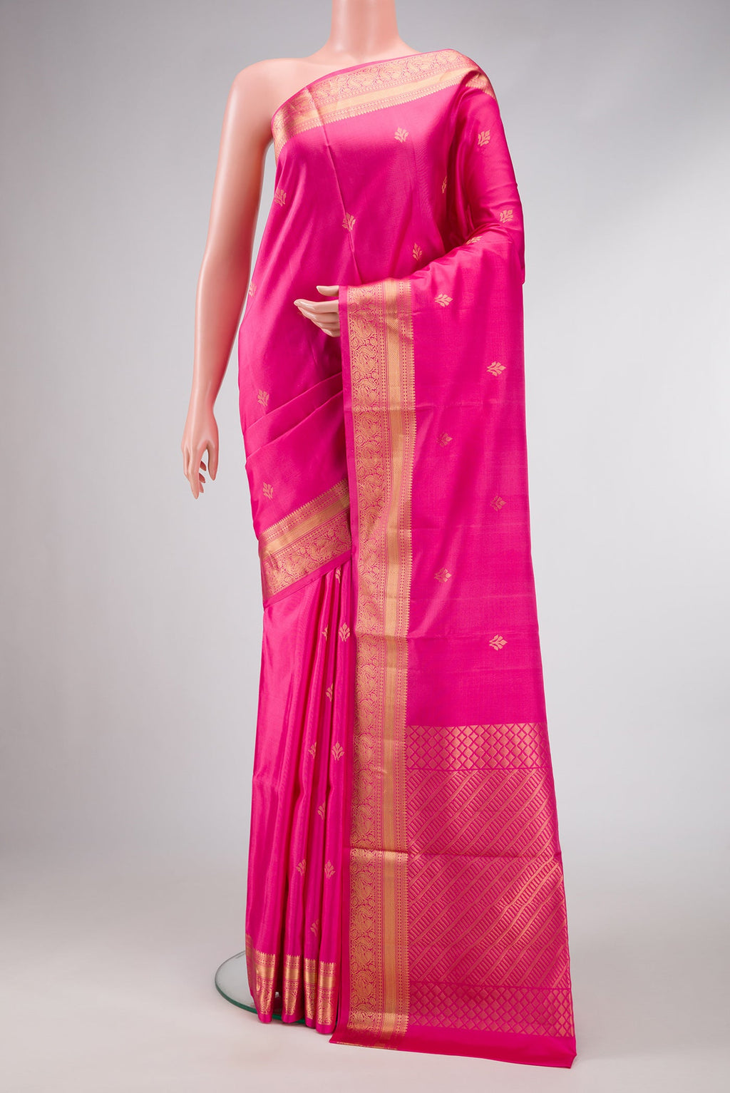 Pink Dual Tone Soft Silk Saree with Zari Butta on the body and Zari Border.  displayed on a mannequin