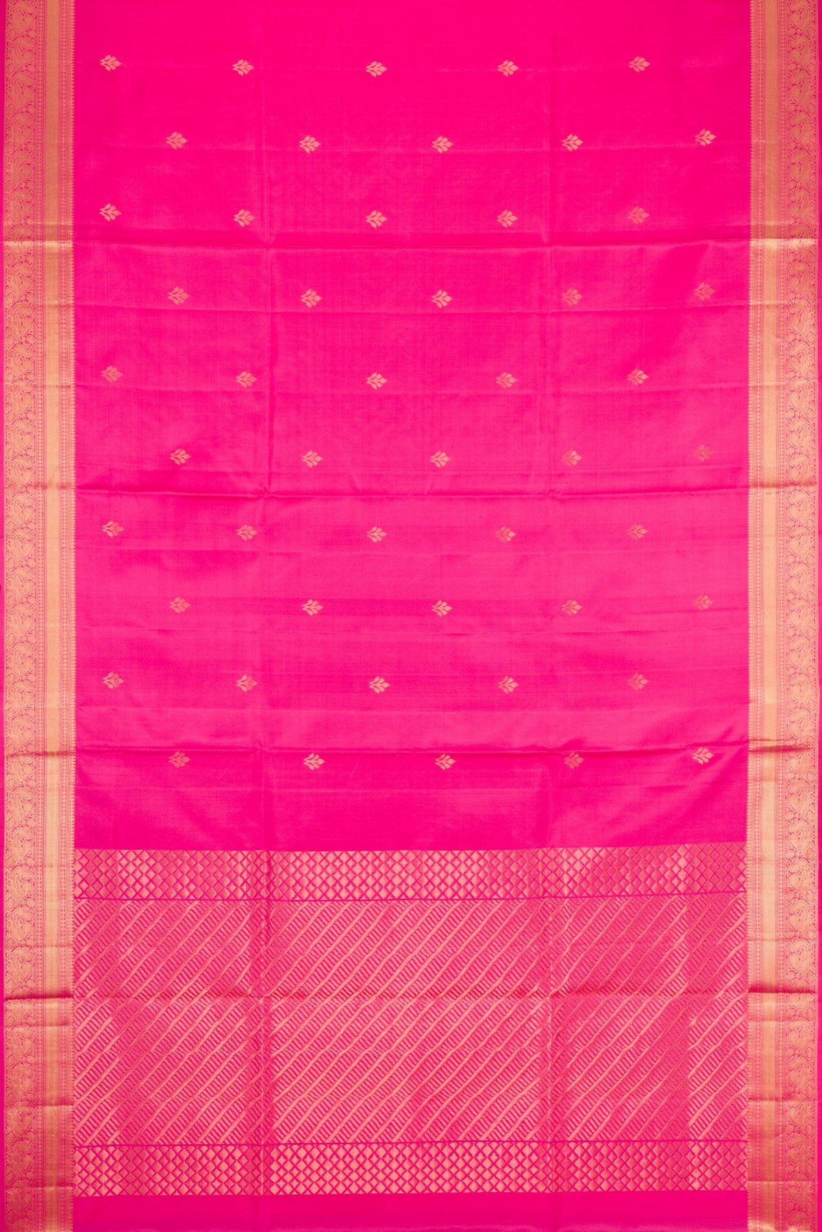 Flat view of Pink Dual Tone Soft Silk Saree with Zari Butta on the body and Zari Border. 