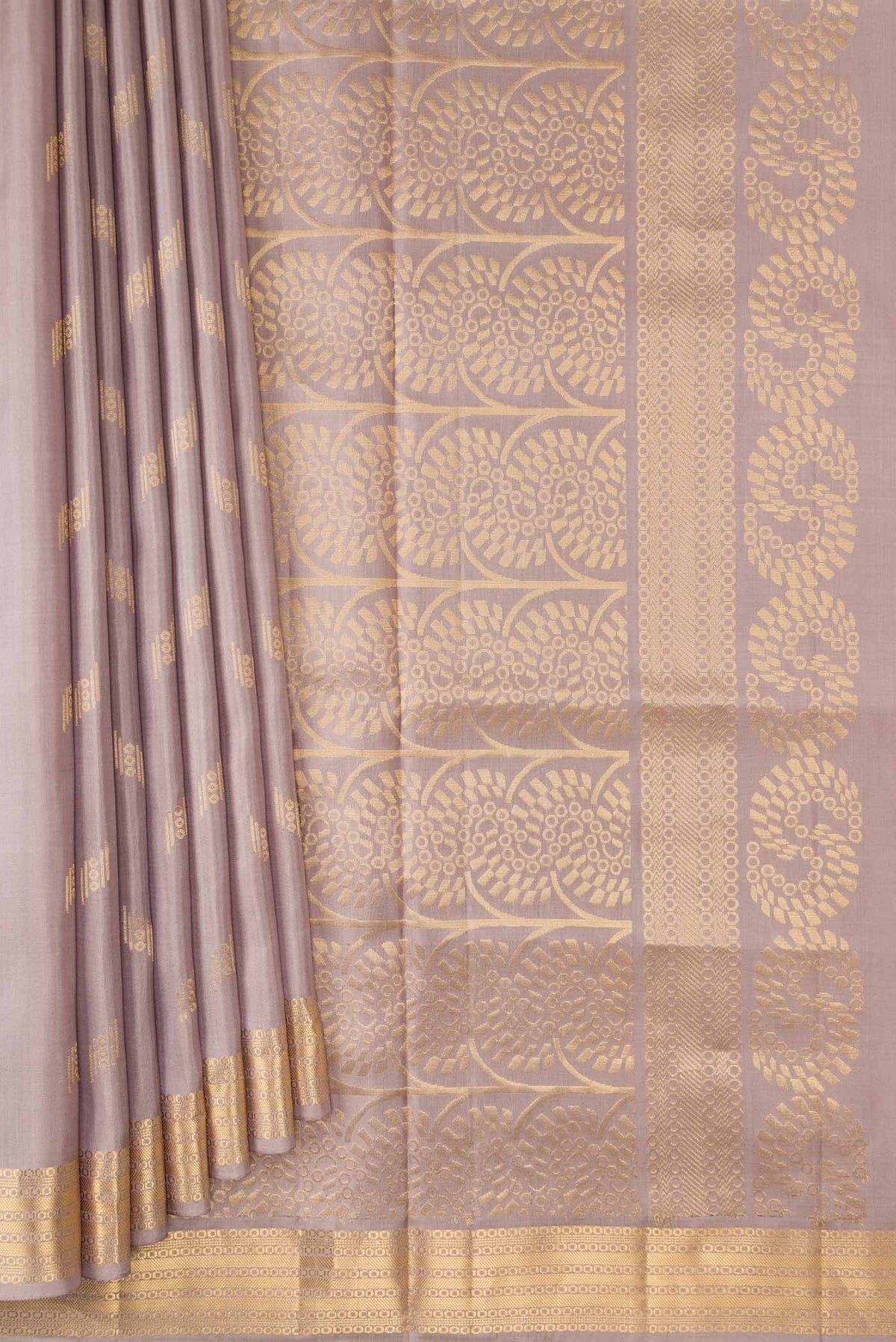 Pleats and pallu of Grey Dual Tone Soft Silk Saree with Zari Butta on the body and Zari Border. 