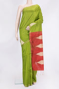 Green Dual Tone Raw Silk Saree with Stripes on the body and Temple Border.  displayed on a mannequin