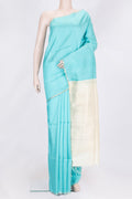 Sky Blue Dual Tone Raw Silk Saree with Stripes on the body and Thin Zari Line.  displayed on a mannequin