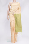 Sandal Dual Tone Raw Silk Saree with Zari Butta on the body and Thin Zari Line.  displayed on a mannequin