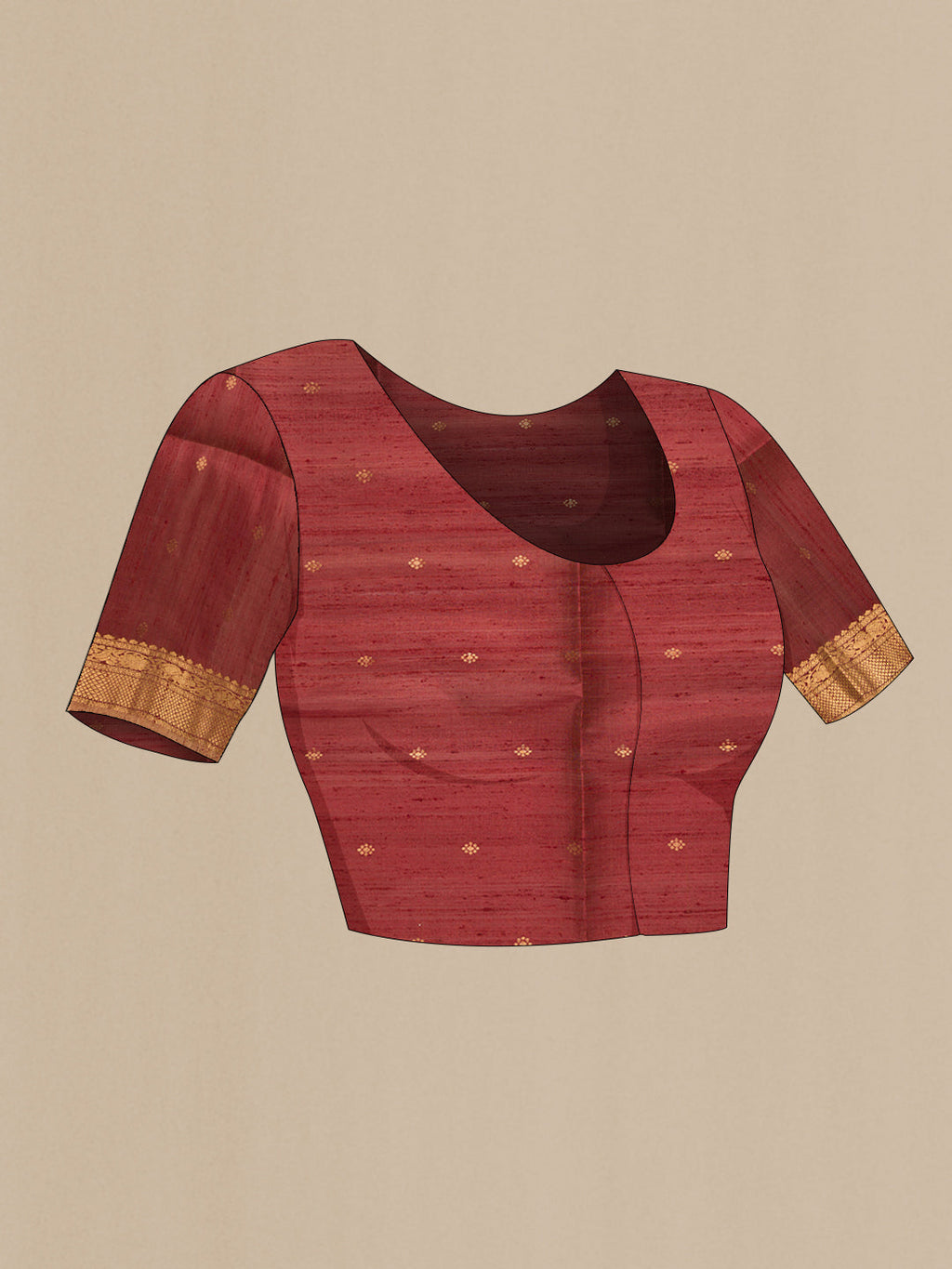 Close up image of the blouse of Sky Blue Dual Tone Raw Silk Saree with Zari Butta on the body and Zari Border. 