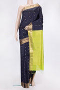 Navy Blue Dual Tone Raw Silk Saree with Zari Butta on the body and Zari Border.  displayed on a mannequin