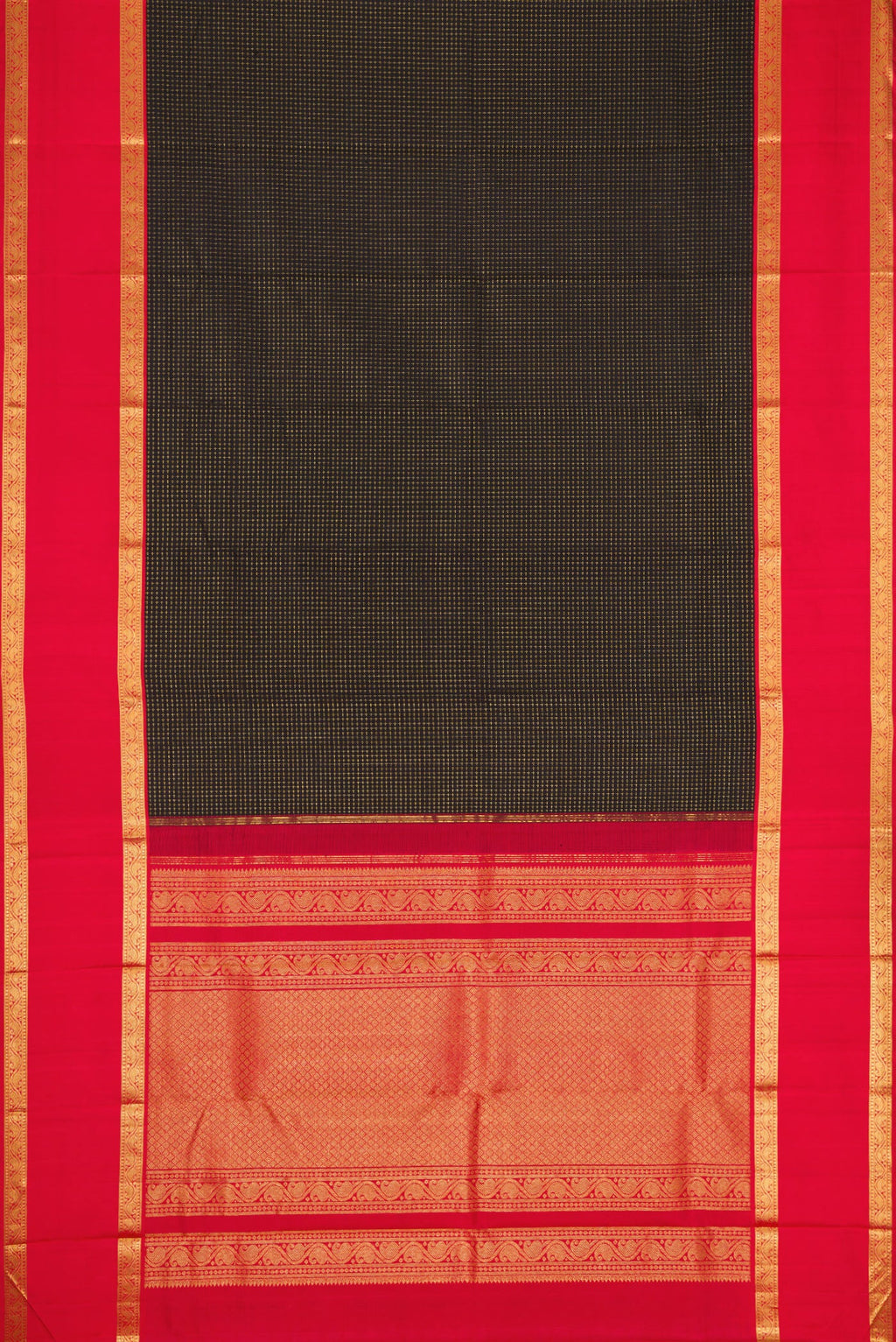 Flat view of Black Dual Tone Kanjivaram Silk Saree with Checked design on the body and Zari Border. 