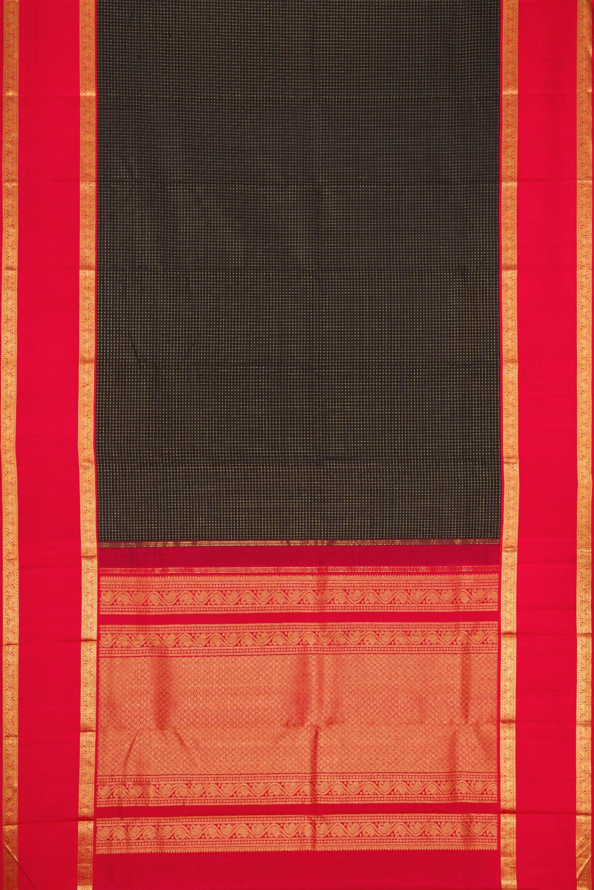 Flat view of Black Dual Tone Kanjivaram Silk Saree with Checked design on the body and Zari Border. 