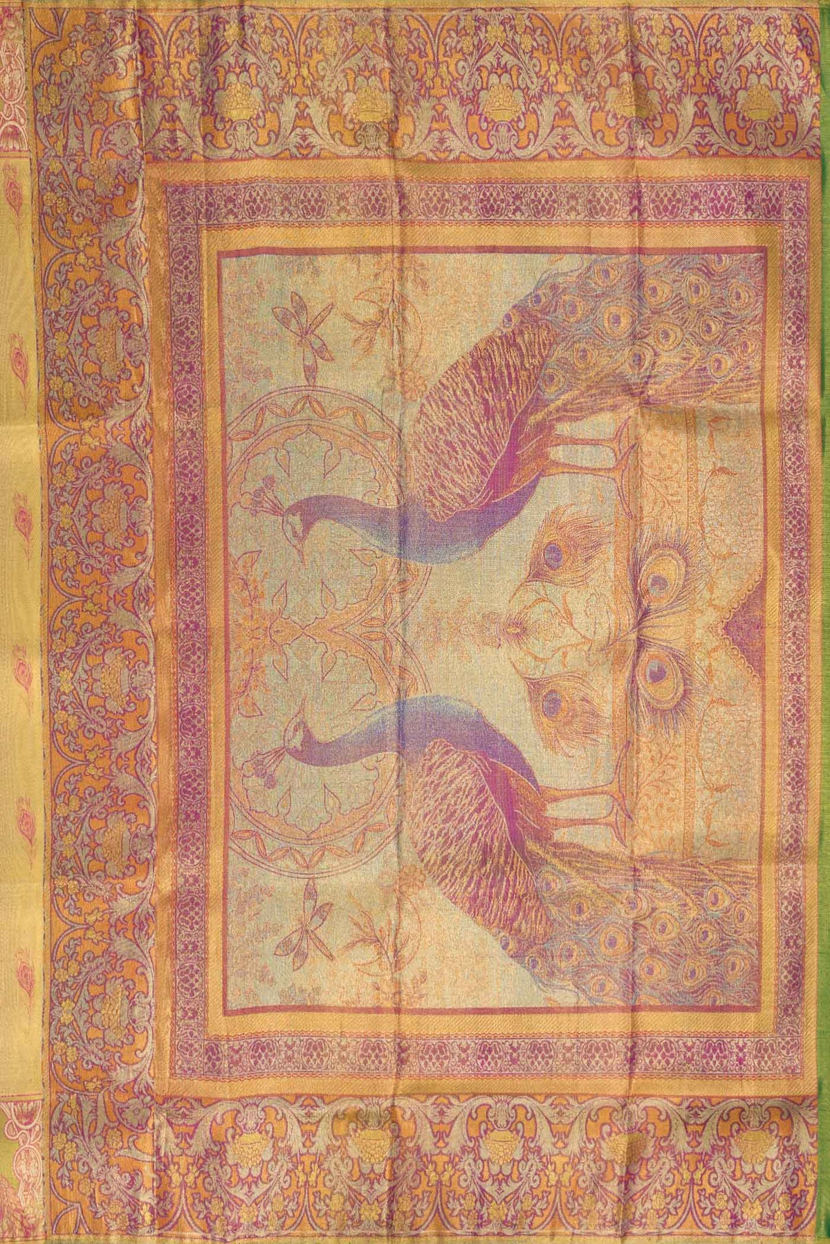 Close up image of the pallu of Gold Dual Tone Kanjivaram Tissue Silk Saree with Zari Brocade on the body and Fancy Border. 