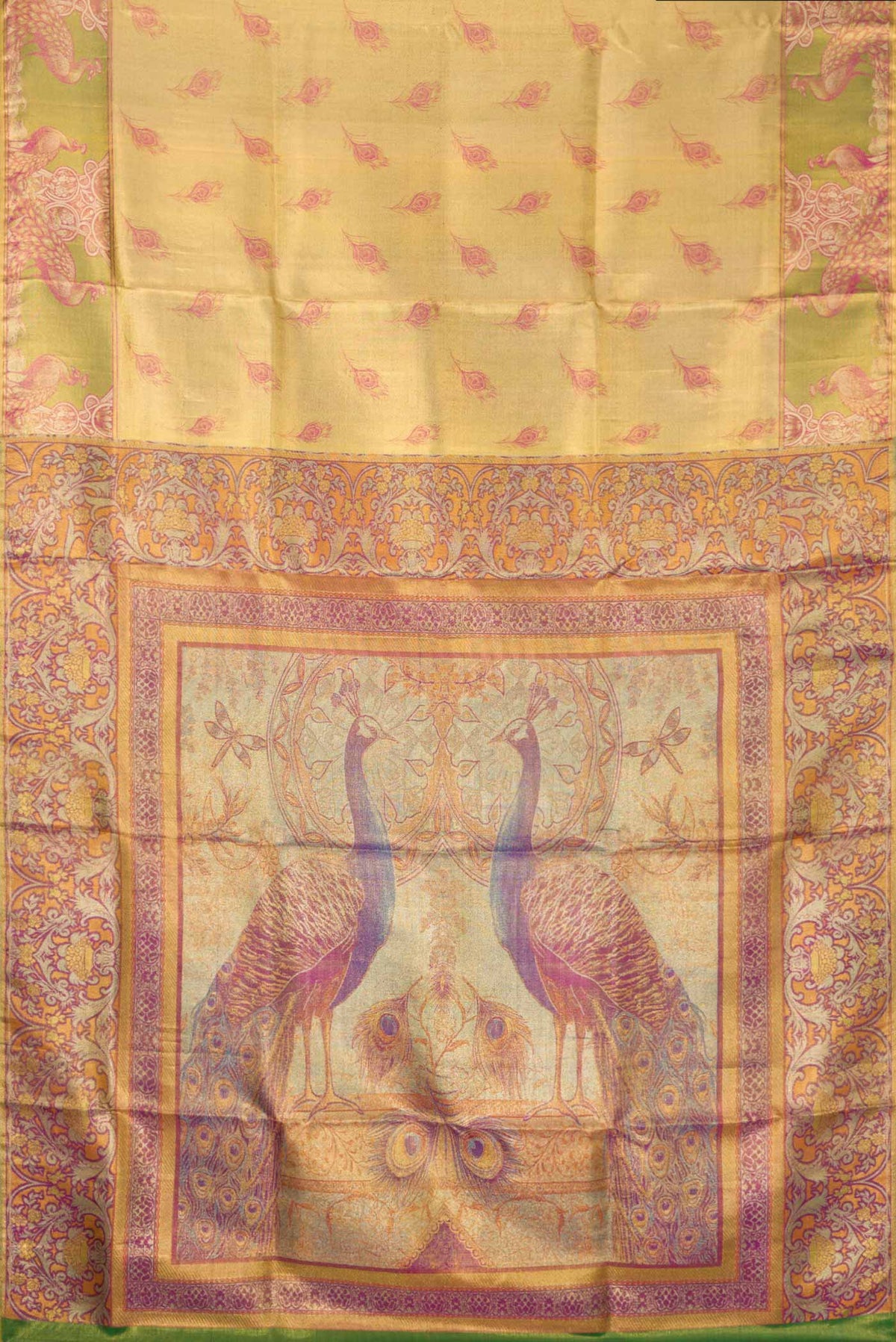 Flat view of Gold Dual Tone Kanjivaram Tissue Silk Saree with Zari Brocade on the body and Fancy Border. 