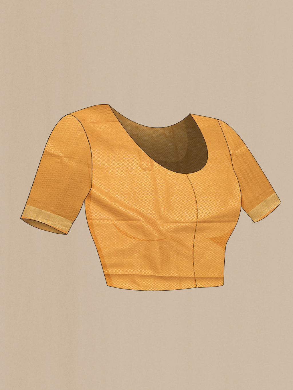Close up image of the blouse of Yellow Dual Tone Mysore Silk Saree with Zari Butta on the body and Zari Border. 