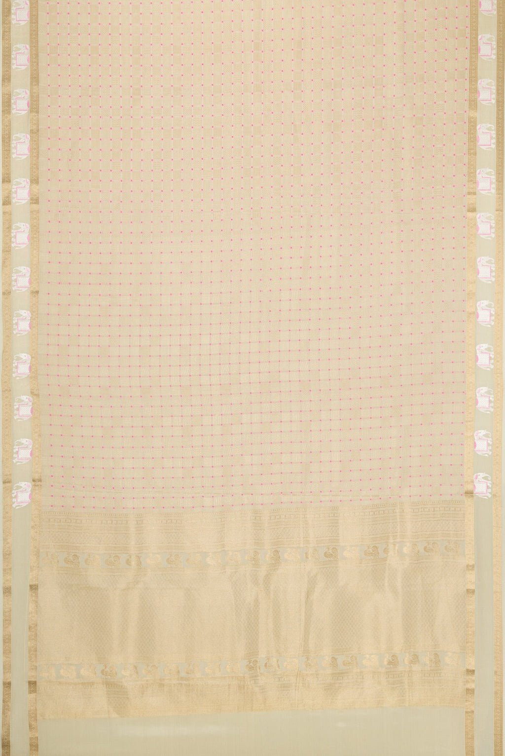 Flat view of Beige Dual Tone Mysore Silk Saree with Zari Brocade on the body and Fancy Border. 