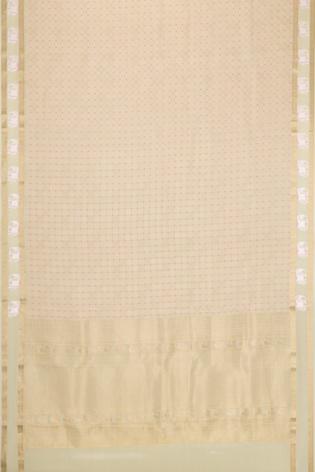 Flat view of Beige Dual Tone Mysore Silk Saree with Zari Brocade on the body and Fancy Border. 