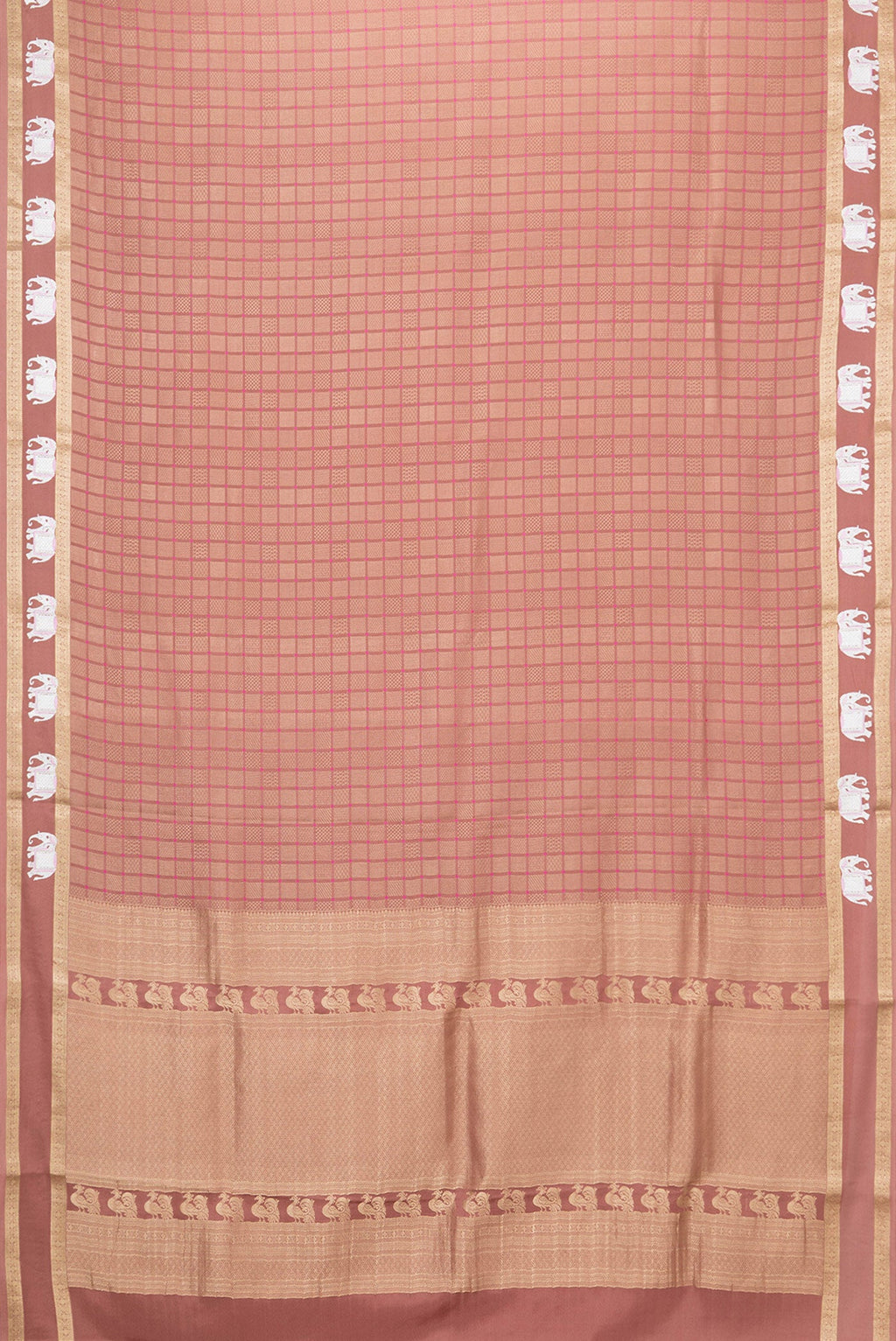 Flat view of Brown Dual Tone Mysore Silk Saree with Zari Brocade on the body and Embroidery Border. 