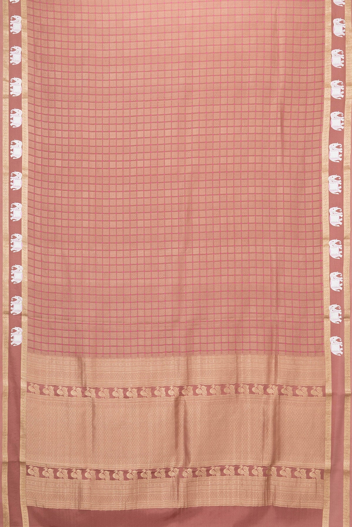 Flat view of Brown Dual Tone Mysore Silk Saree with Zari Brocade on the body and Embroidery Border. 