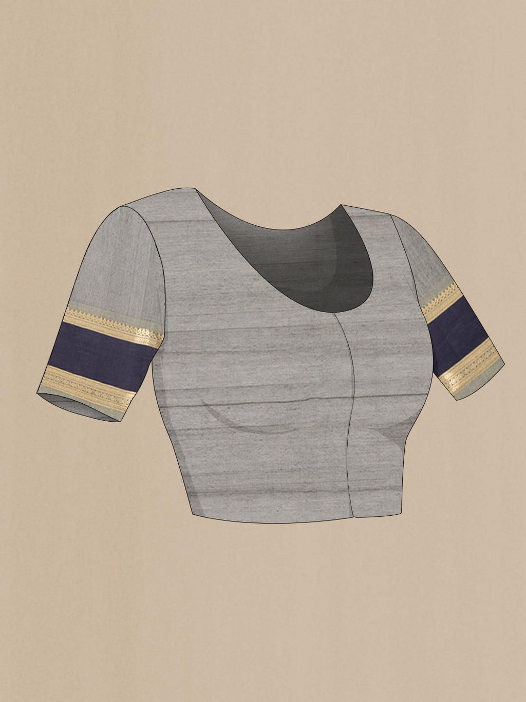 Close up image of the blouse of Grey Kanchi Cotton Saree with Zari Butta on the body and Zari Border. 