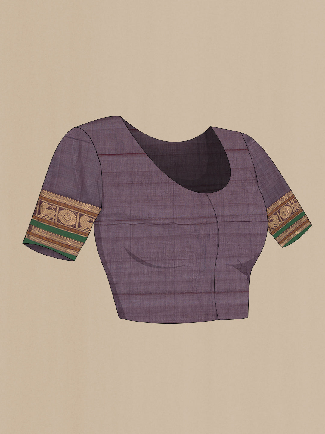 Close up image of the blouse of Burgundy Dual Tone Kanchi Cotton Saree with Thread Butta on the body and Zari And Thread Border. 