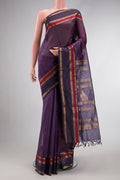 Violet Dual Tone Silk Cotton Saree with Checked design on the body and Zari Border.  displayed on a mannequin
