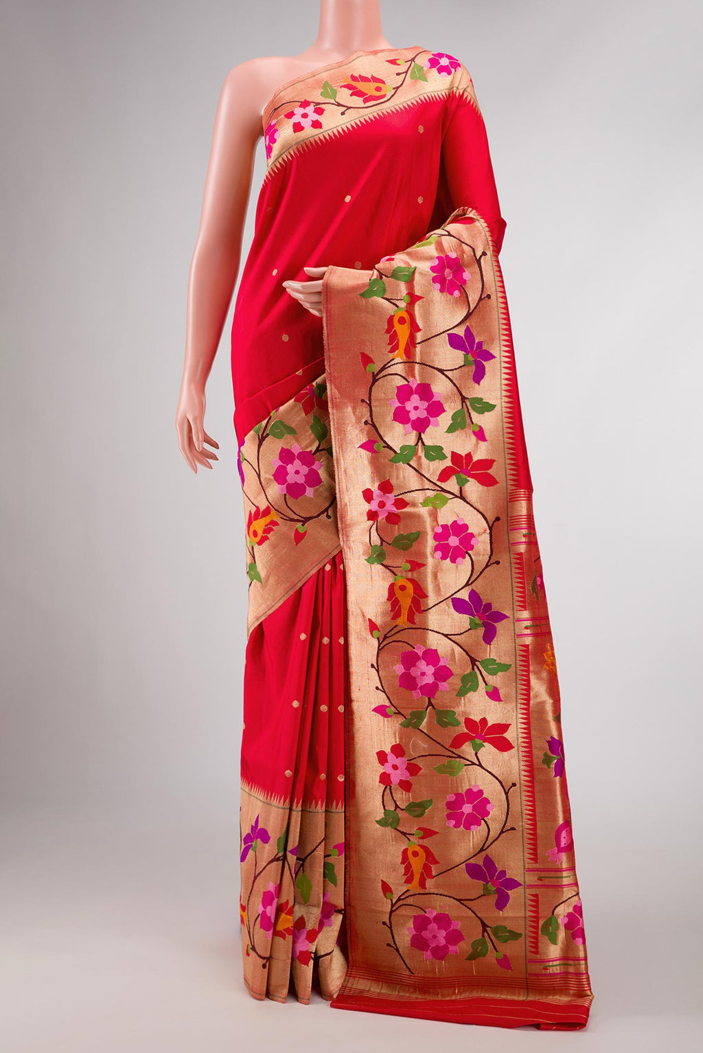 Red Dual Tone Paithani Silk Saree with Zari Butta on the body and Paithani Border displayed on a mannequin