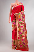 Red Dual Tone Paithani Silk Saree with Zari Butta on the body and Paithani Border displayed on a mannequin