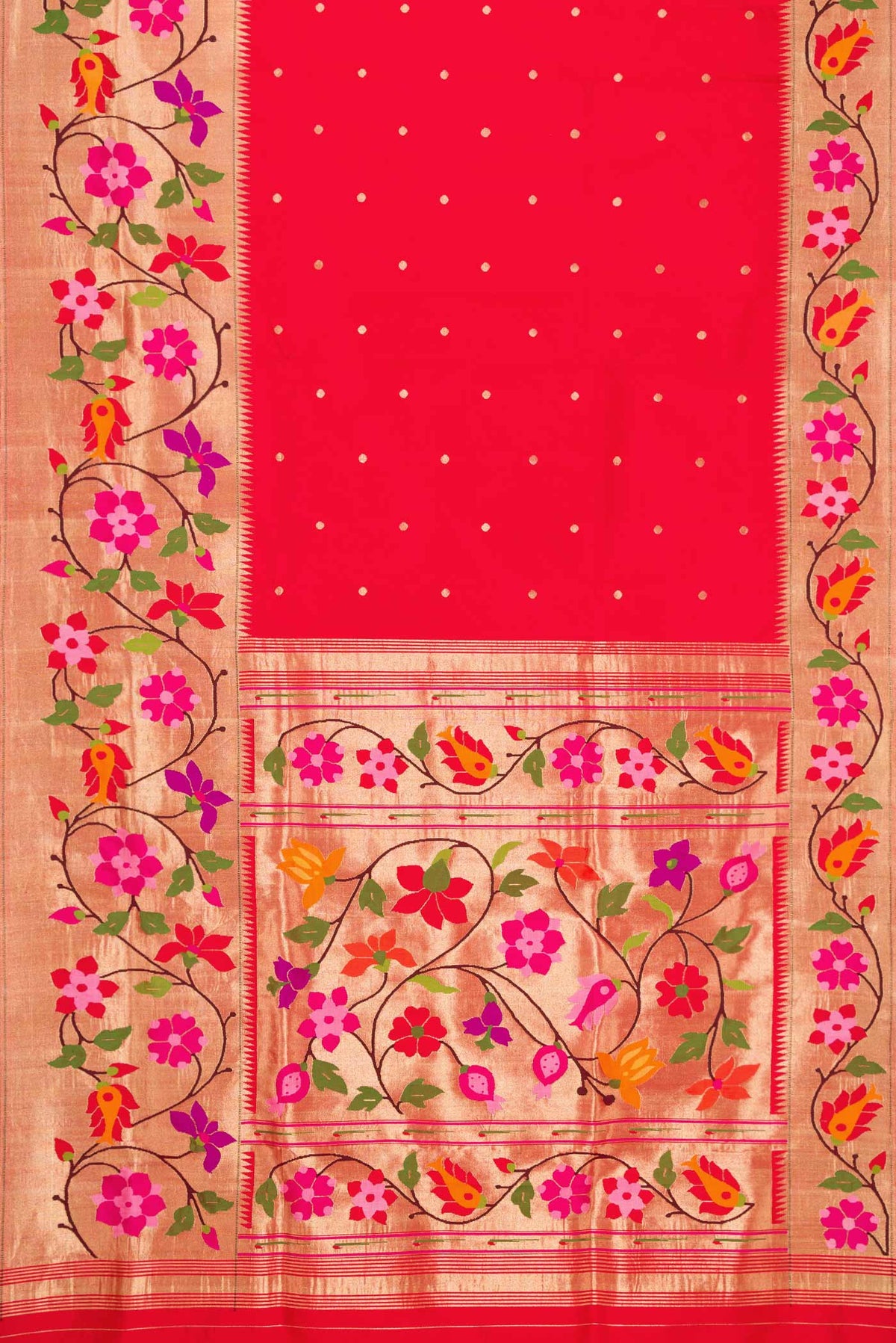 Flat view of Red Dual Tone Paithani Silk Saree with Zari Butta on the body and Paithani Border