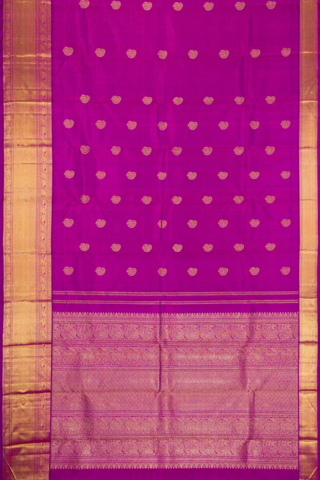 Flat view of Pure Silk Pure Zari Purple Dual Tone Kanjivaram Saree with Zari Butta on the body and Zari Border. 