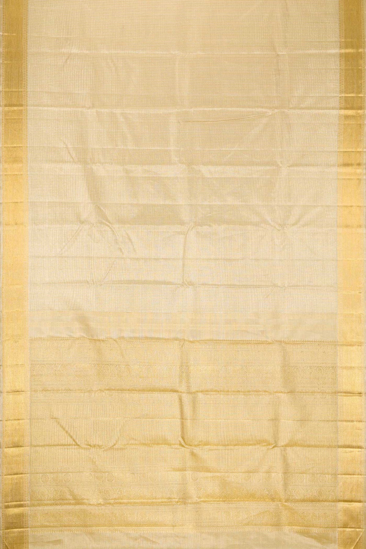 Flat view of Pure Silk Pure Zari Gold Dual Tone Kanjivaram Saree with Zari Brocade on the body and Zari Border. 