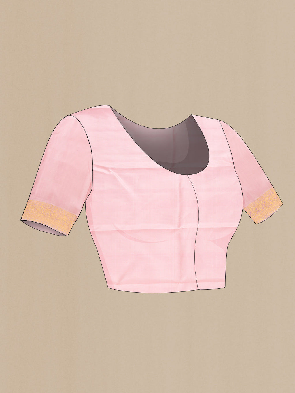 Close up image of the blouse of Pure Silk Pure Zari Pink Dual Tone Kanchipuram Saree with Zari Brocade on the body and Zari Border