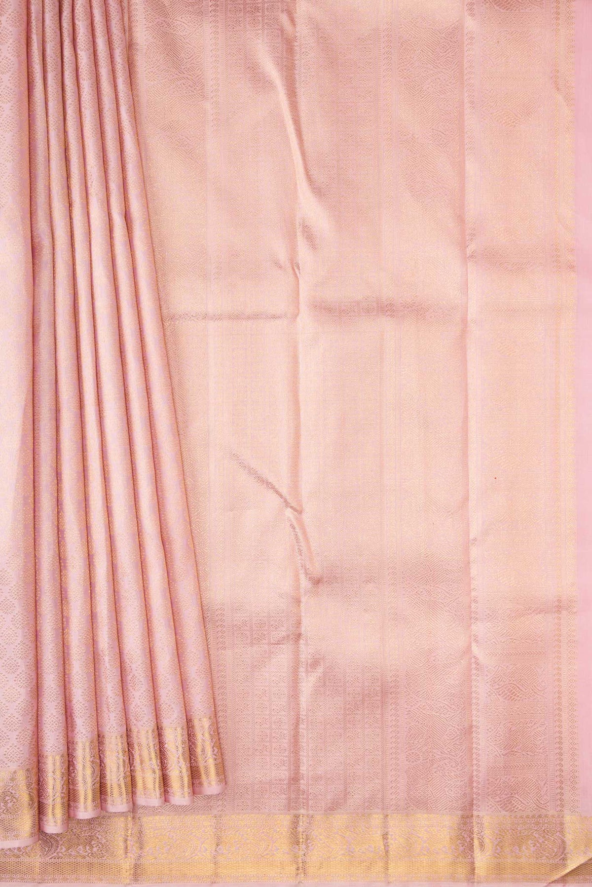 Pleats and pallu of Pure Silk Pure Zari Pink Dual Tone Kanchipuram Saree with Zari Brocade on the body and Zari Border