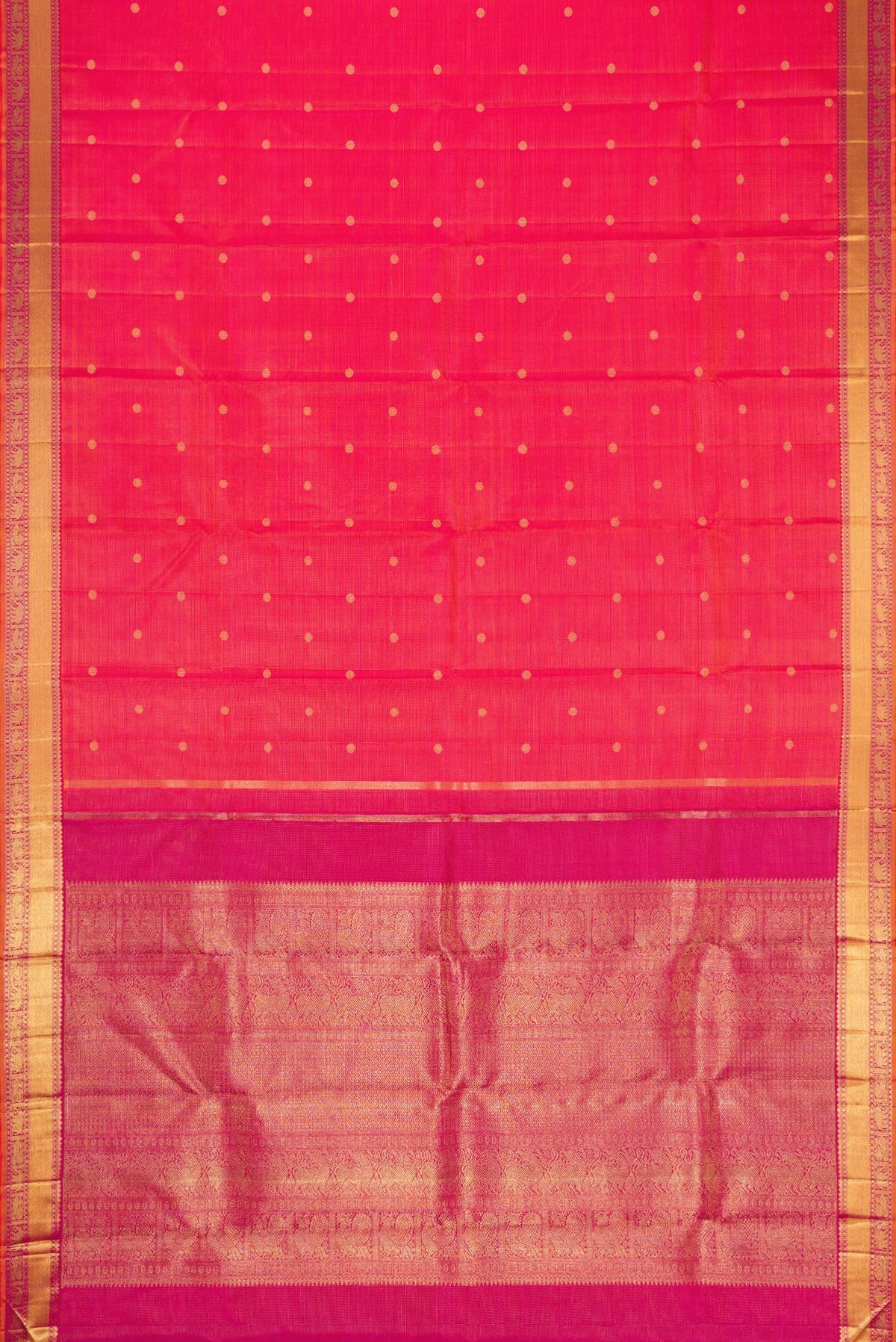 Flat view of Coral Dual Tone Kanjivaram Silk Saree with Zari Butta on the body and Zari Border. 