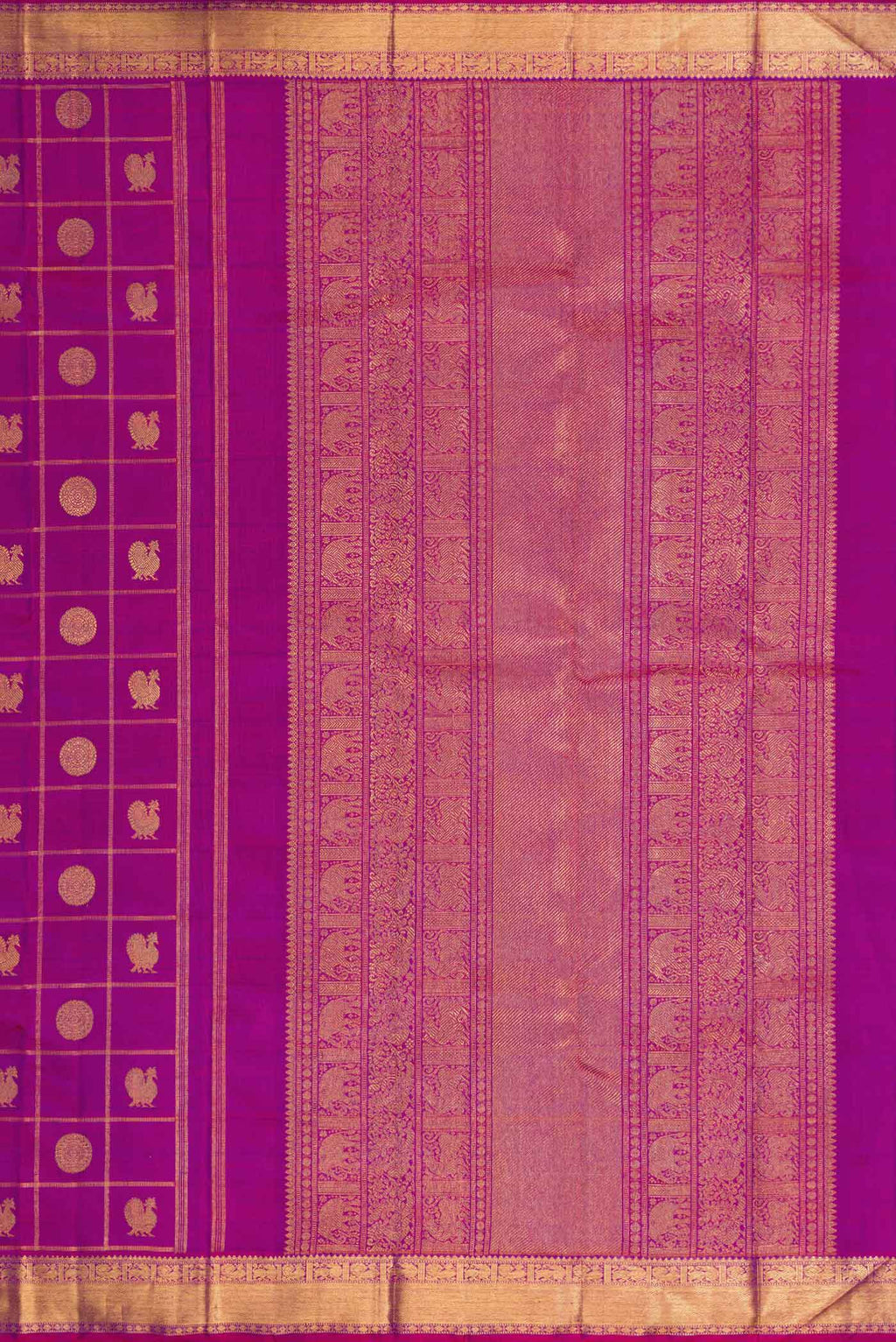Close up image of the pallu of Pure Silk Pure Zari Purple Dual Tone Kanchipuram Saree with Checked design on the body and Zari Border