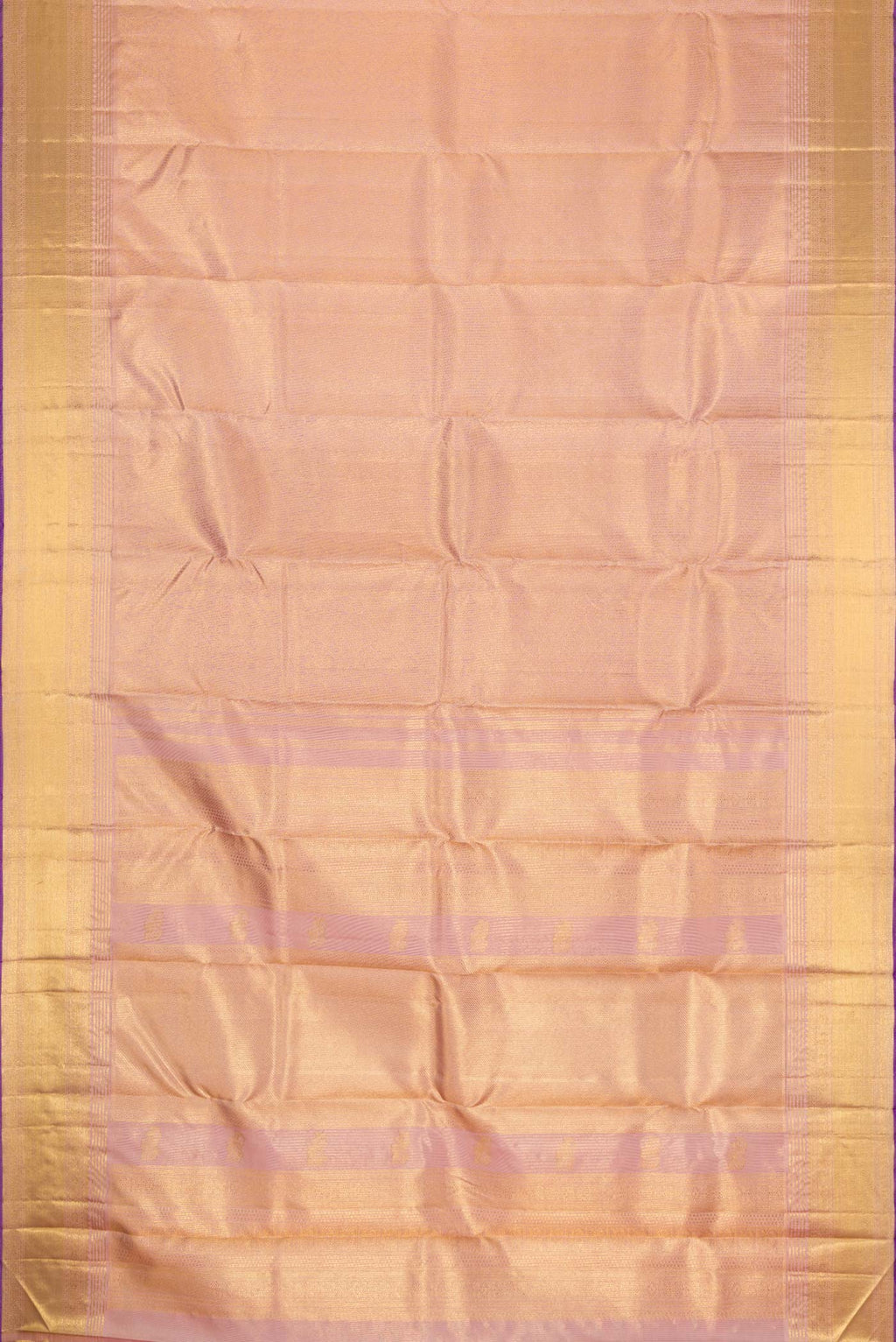 Flat view of Pure Silk Pure Zari Rose Gold Kanchipuram Saree with Zari Brocade on the body and Zari Border