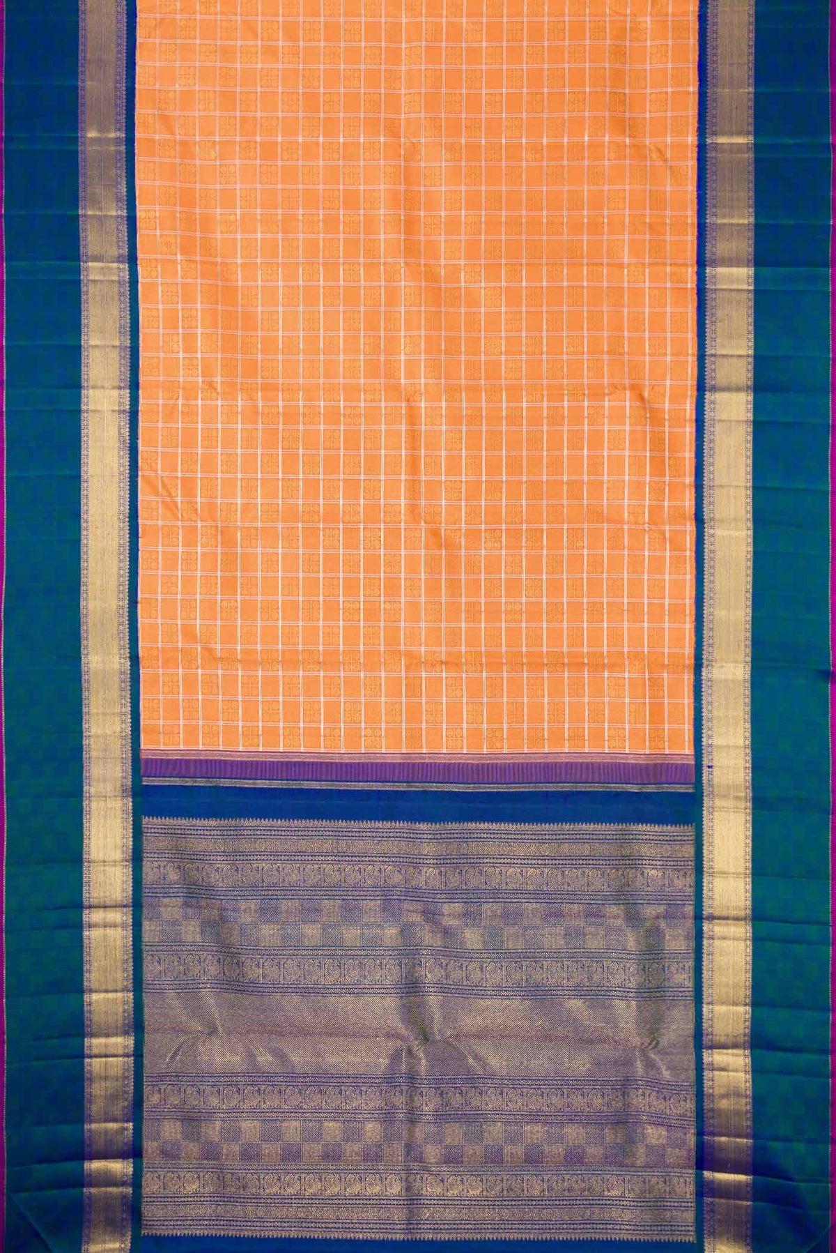 Flat view of Pure Silk Pure Zari Orange Dual Tone Kanchipuram Saree with Zari Brocade on the body and Zari Border