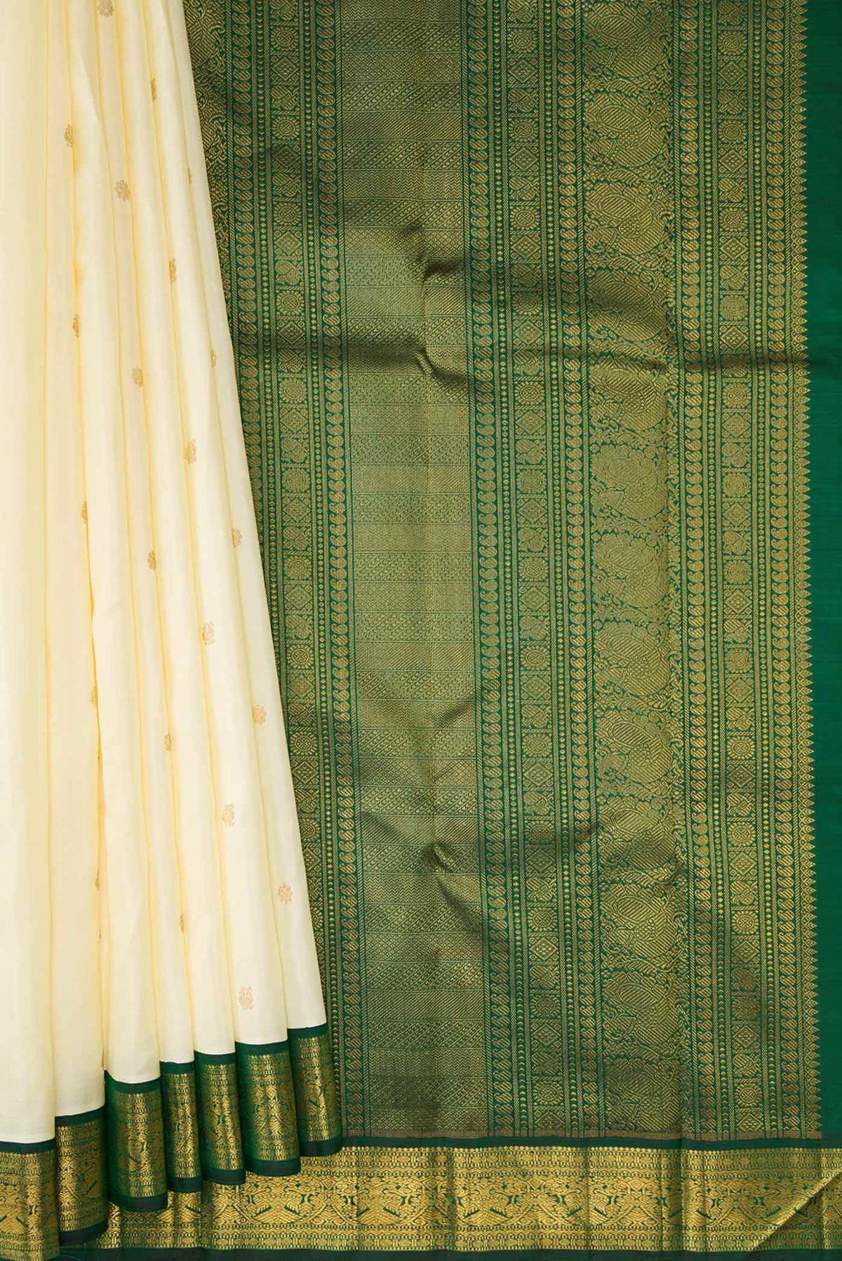 Pleats and pallu of Sandal Dual Tone Kanchipuram Silk Saree with Zari Butta on the body and Zari Border