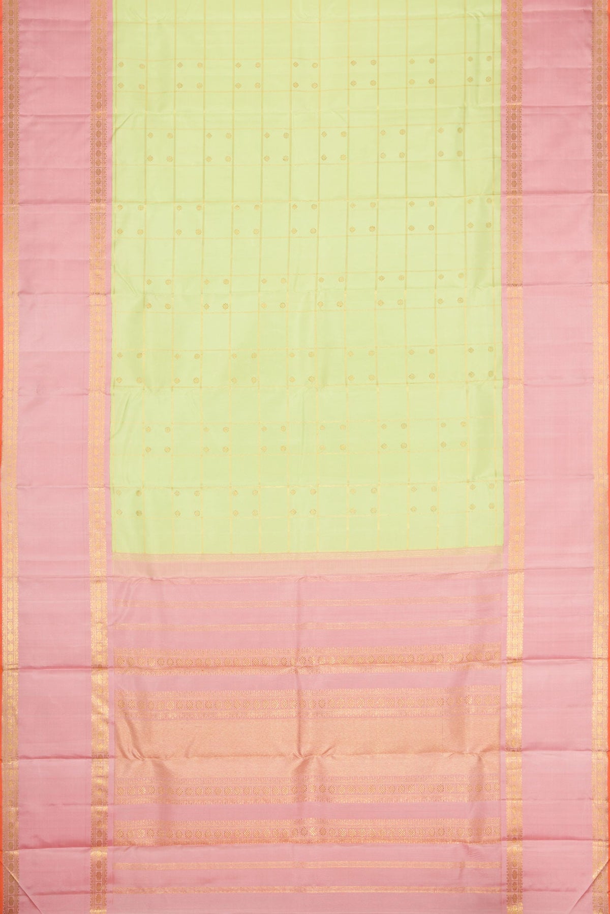 Flat view of Pure Silk Pure Zari Parrot Green Dual Tone Kanchipuram Saree with Checked design on the body and Zari Border