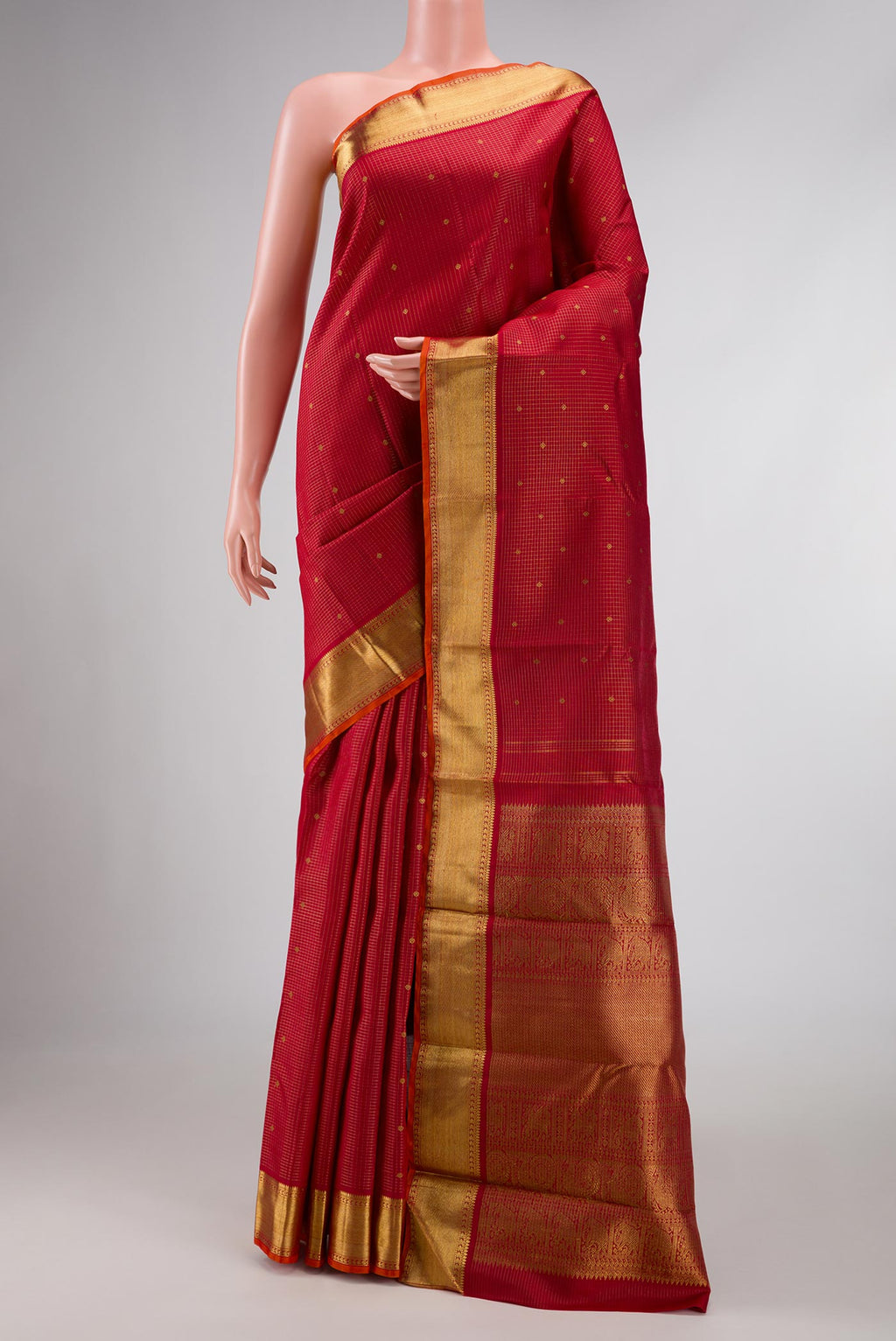 Pure Silk Pure Zari Maroon Dual Tone Kanchipuram Saree with Checked design on the body and Zari Border displayed on a mannequin