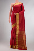 Pure Silk Pure Zari Maroon Dual Tone Kanchipuram Saree with Checked design on the body and Zari Border displayed on a mannequin