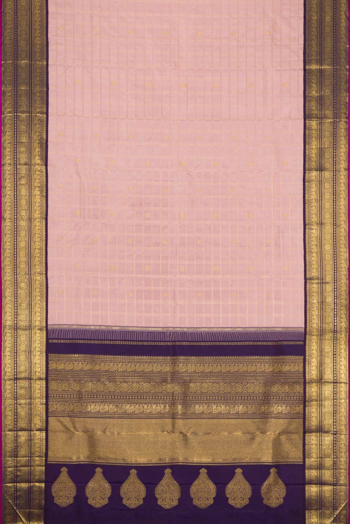 Flat view of Pure Silk Pure Zari Rose Gold Dual Tone Kanchipuram Saree with Checked design on the body and Zari Border