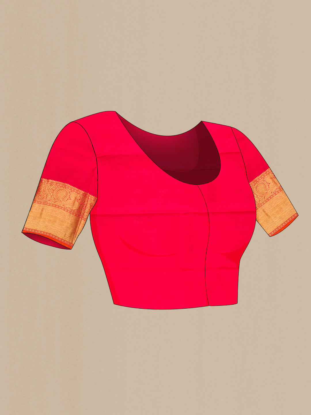 Close up image of the blouse of Pure Silk Pure Zari Red Dual Tone Kanchipuram Saree with Zari Brocade on the body and Zari Border