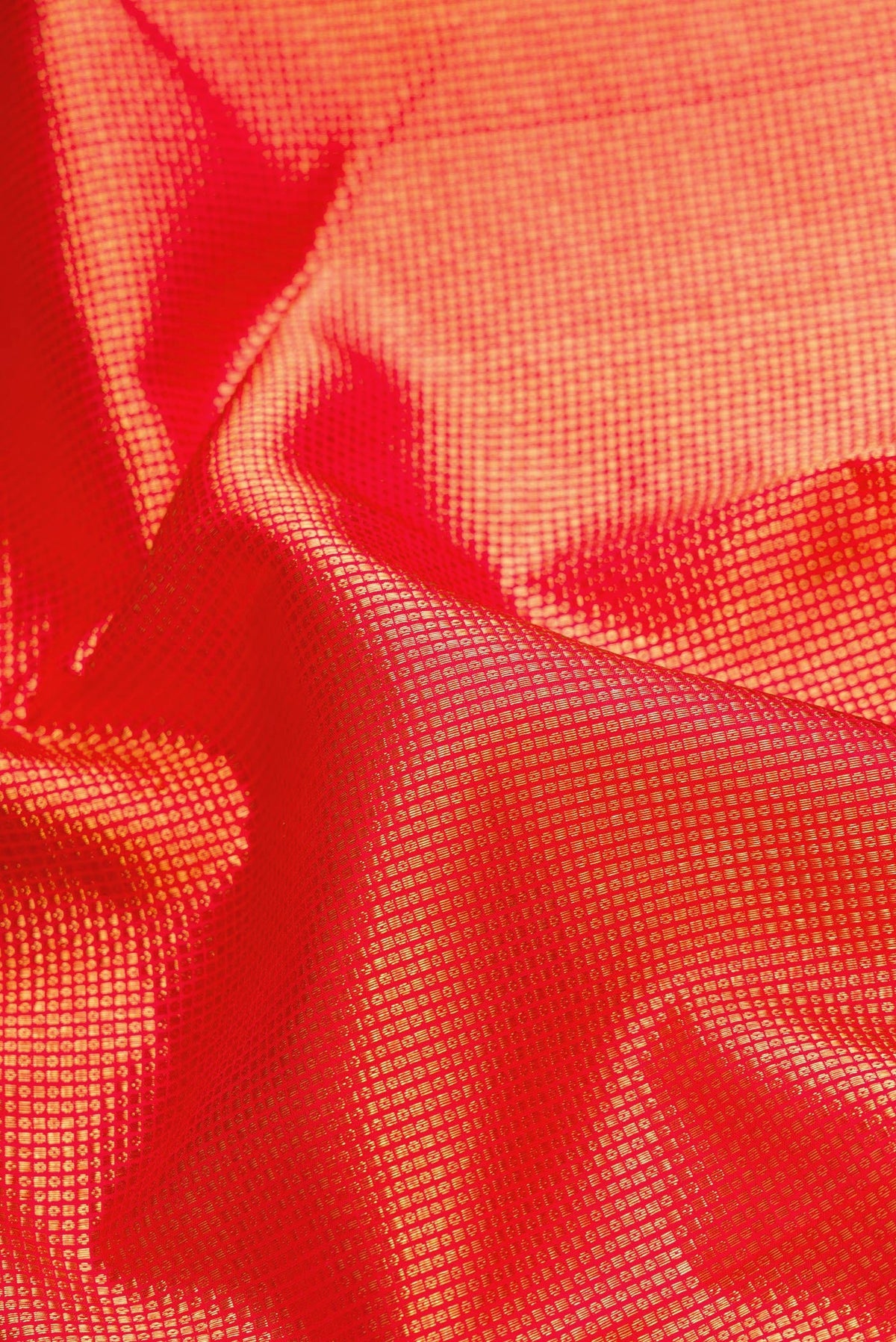 Close up of Dark Pink Dual Tone Kanchipuram Silk Saree with Zari Brocade on the body and Zari Border.  displaying folds
