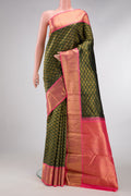 Bottle Green Dual Tone Kanjivaram Silk Saree with Zari Brocade on the body and Zari Border.  displayed on a mannequin