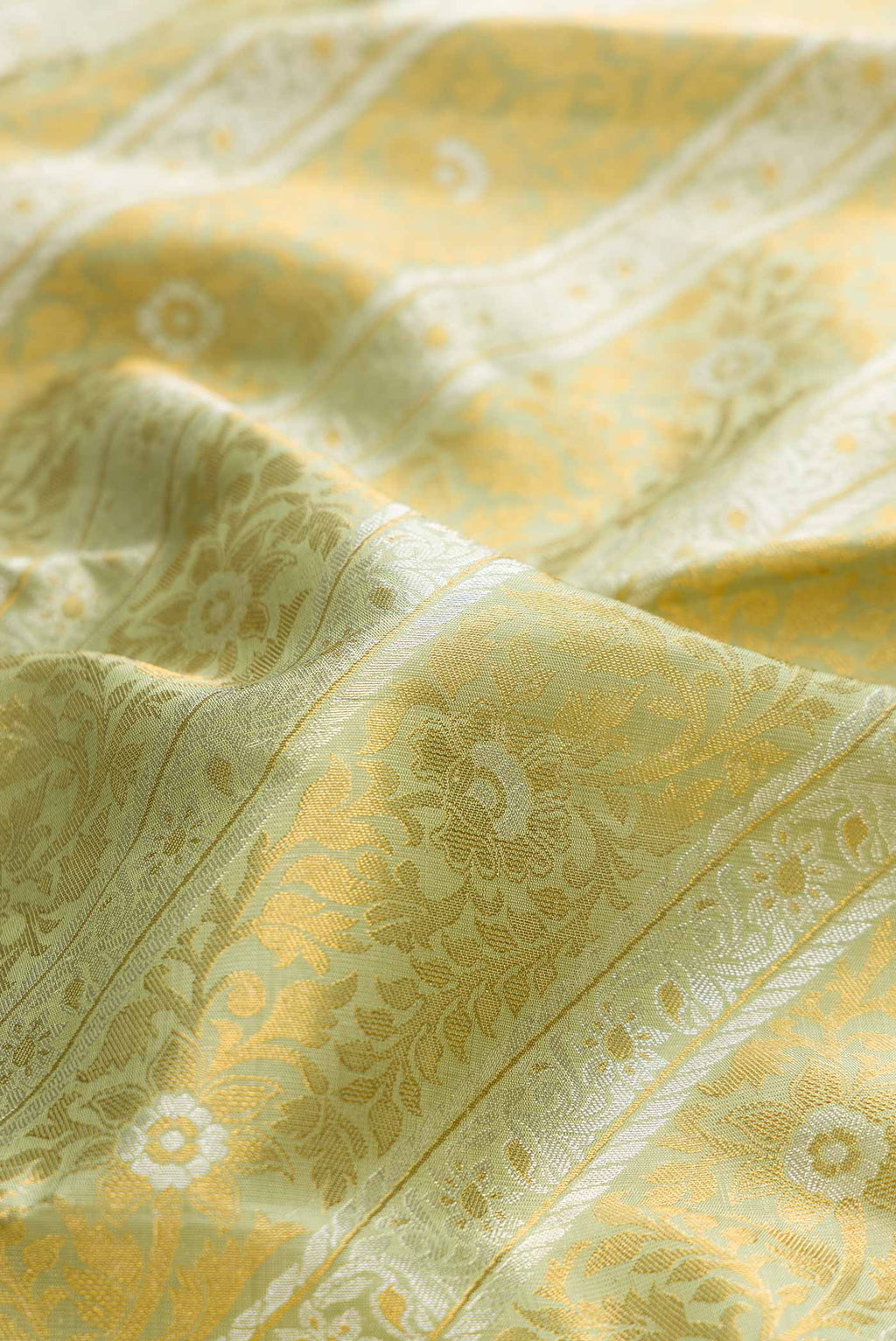 Close up of Pista Green Dual Tone Kanchipuram Silk Saree with Zari Brocade on the body and Zari Border displaying folds