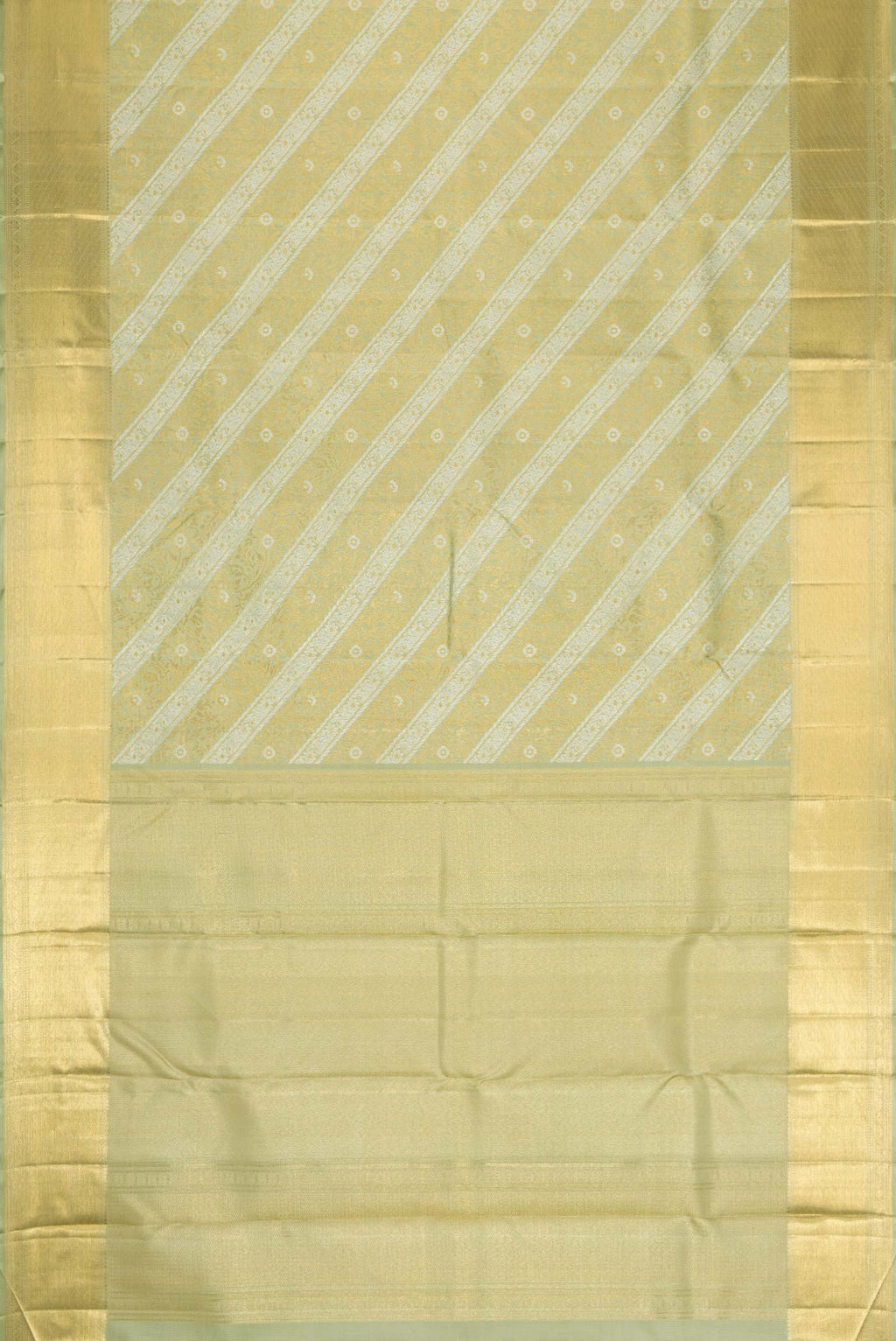 Flat view of Pista Green Dual Tone Kanchipuram Silk Saree with Zari Brocade on the body and Zari Border