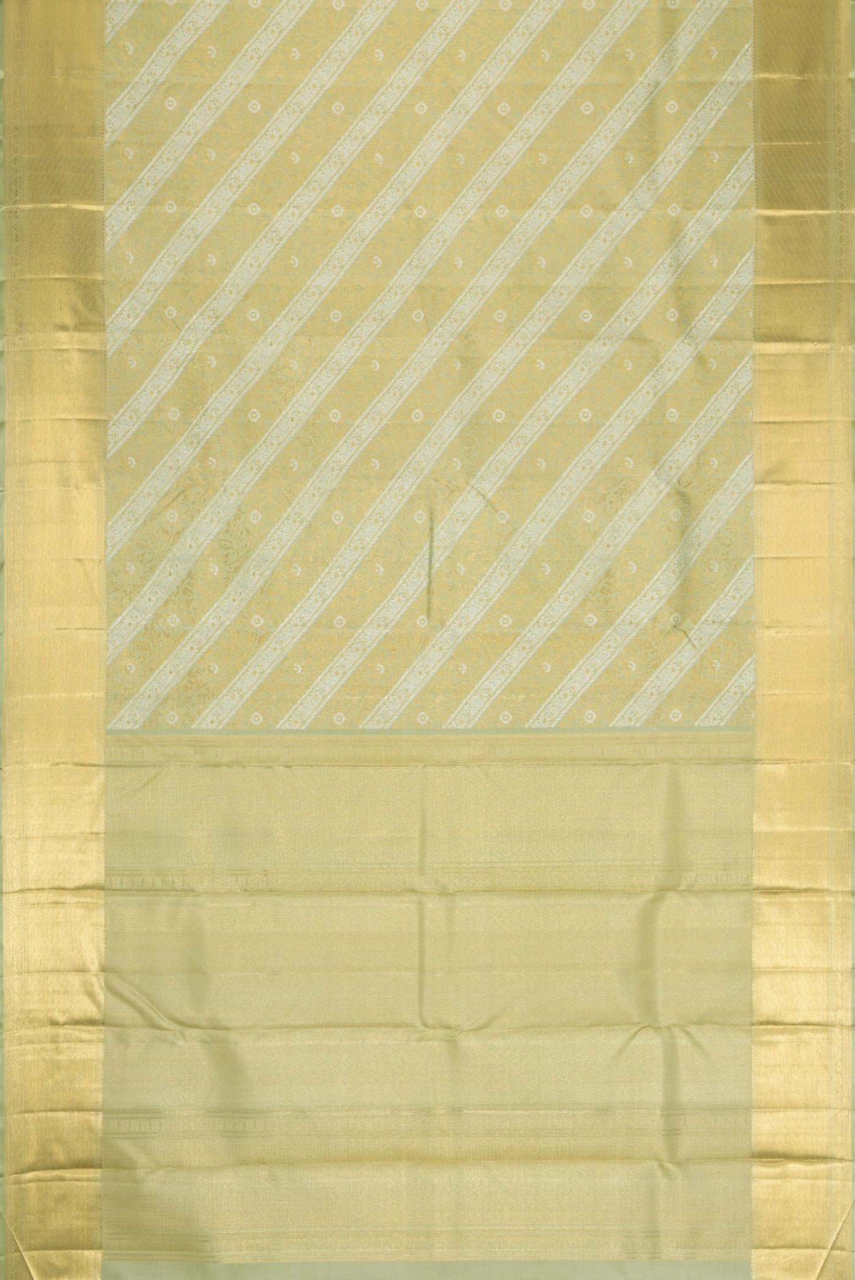 Flat view of Pista Green Dual Tone Kanchipuram Silk Saree with Zari Brocade on the body and Zari Border