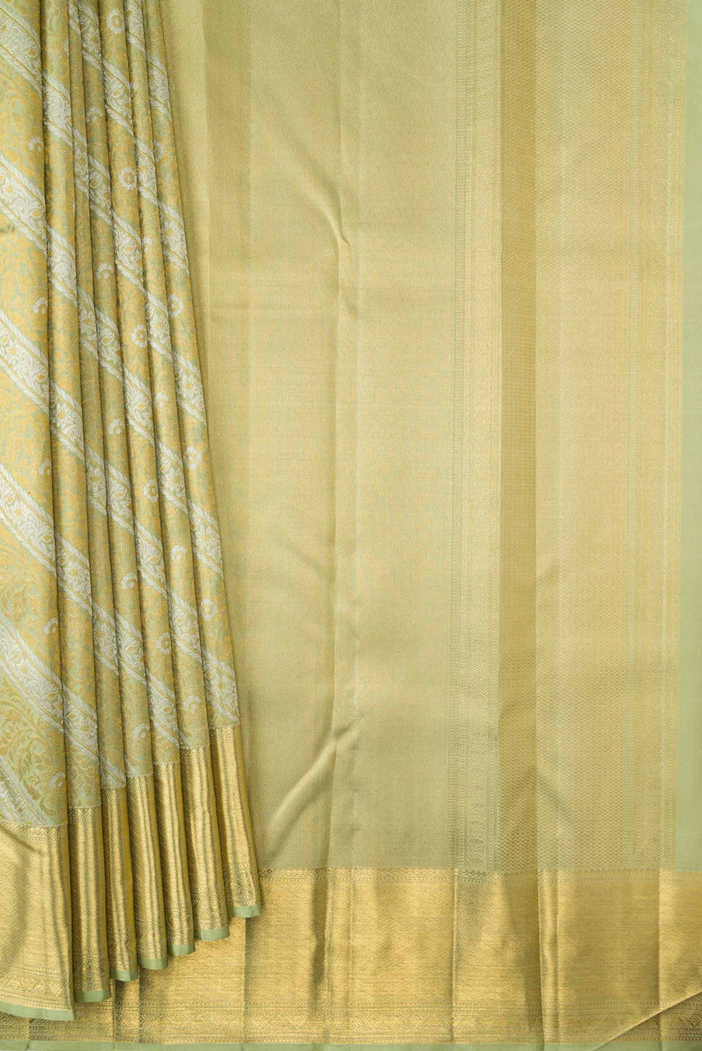 Pleats and pallu of Pista Green Dual Tone Kanchipuram Silk Saree with Zari Brocade on the body and Zari Border