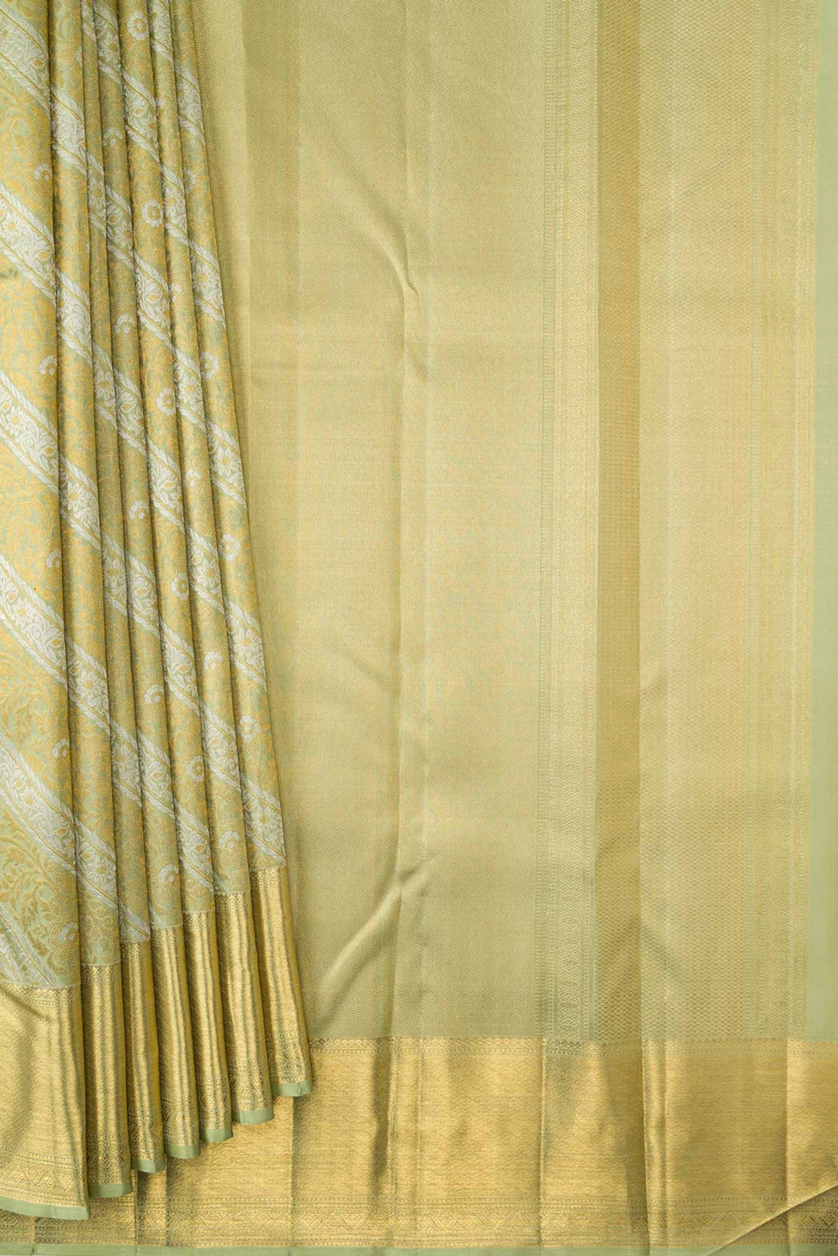 Pleats and pallu of Pista Green Dual Tone Kanchipuram Silk Saree with Zari Brocade on the body and Zari Border