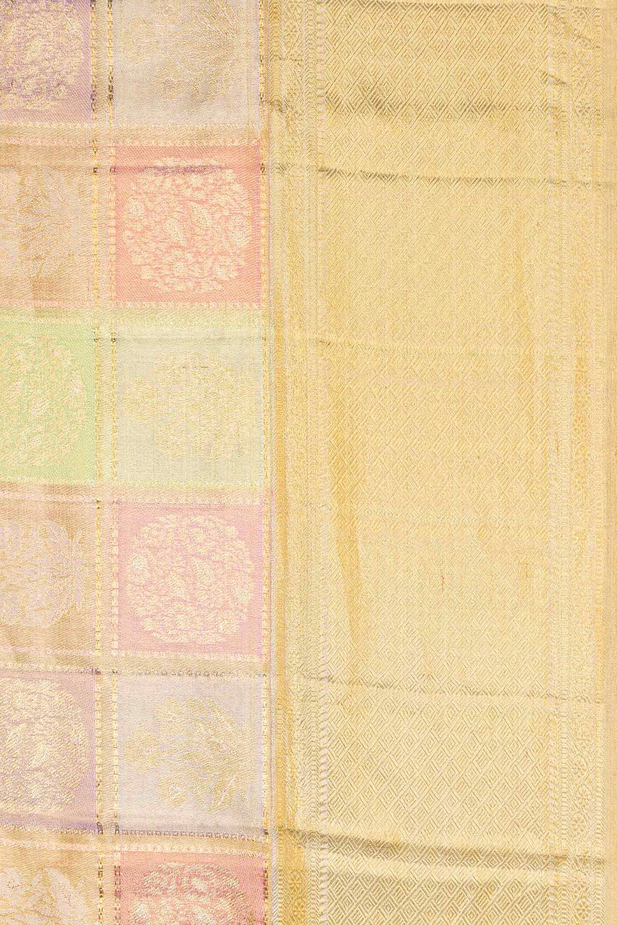 Border image of Gold, Sea Green, Pink and Purple Color Kanjivaram Tissue Silk Saree with Zari Brocade on the body and Zari Border. 